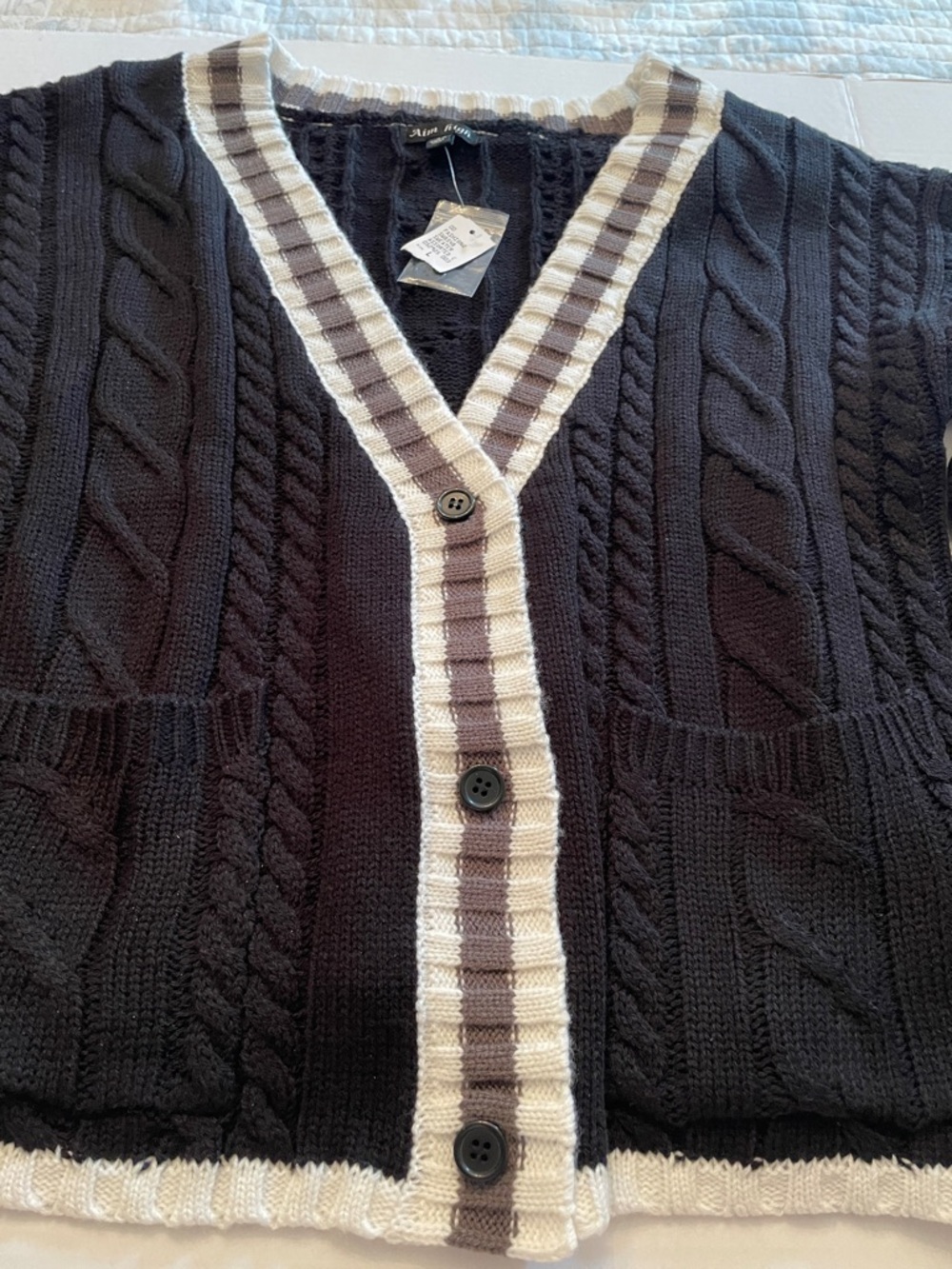 Black Cable Knit V-Neck Cardigan with Cream and Tan Trim